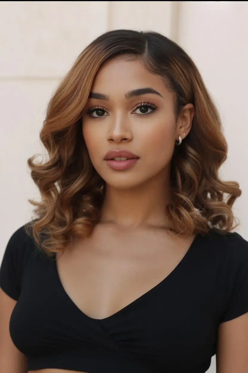 summer hair color for dark skin women 2026 Warm caramel curls with soft volume and polish