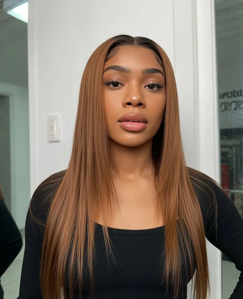 summer hair color for dark skin women 2026 Sleek light brown lengths with ultra smooth finish