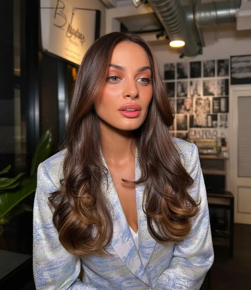 summer hair color for dark skin women 2026 Rich brunette waves with soft dimensional highlights