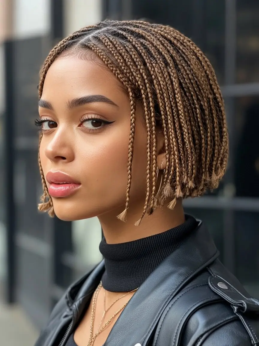 summer hair color for dark skin women 2026 Honey blonde braiding bob with modern edge
