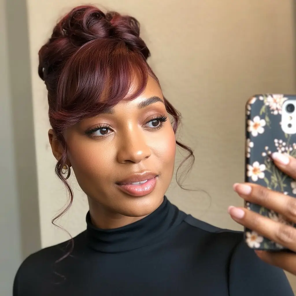 summer hair color for dark skin women 2026 Rich burgundy updo with soft face framing elegance