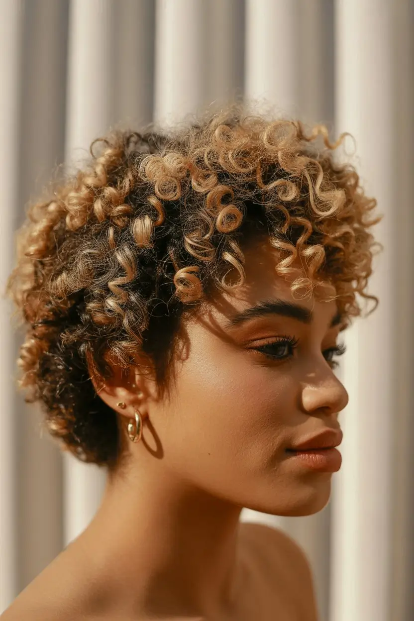 summer hair color for dark skin women 2026 Golden highlighted pixie curls with playful summer energy