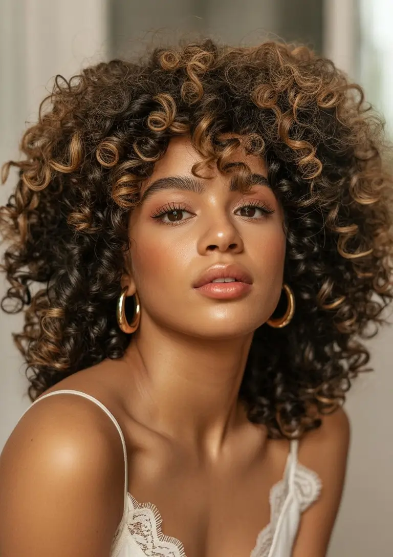 summer hair color for dark skin women 2026 Dimensional curly balayage with caramel highlights