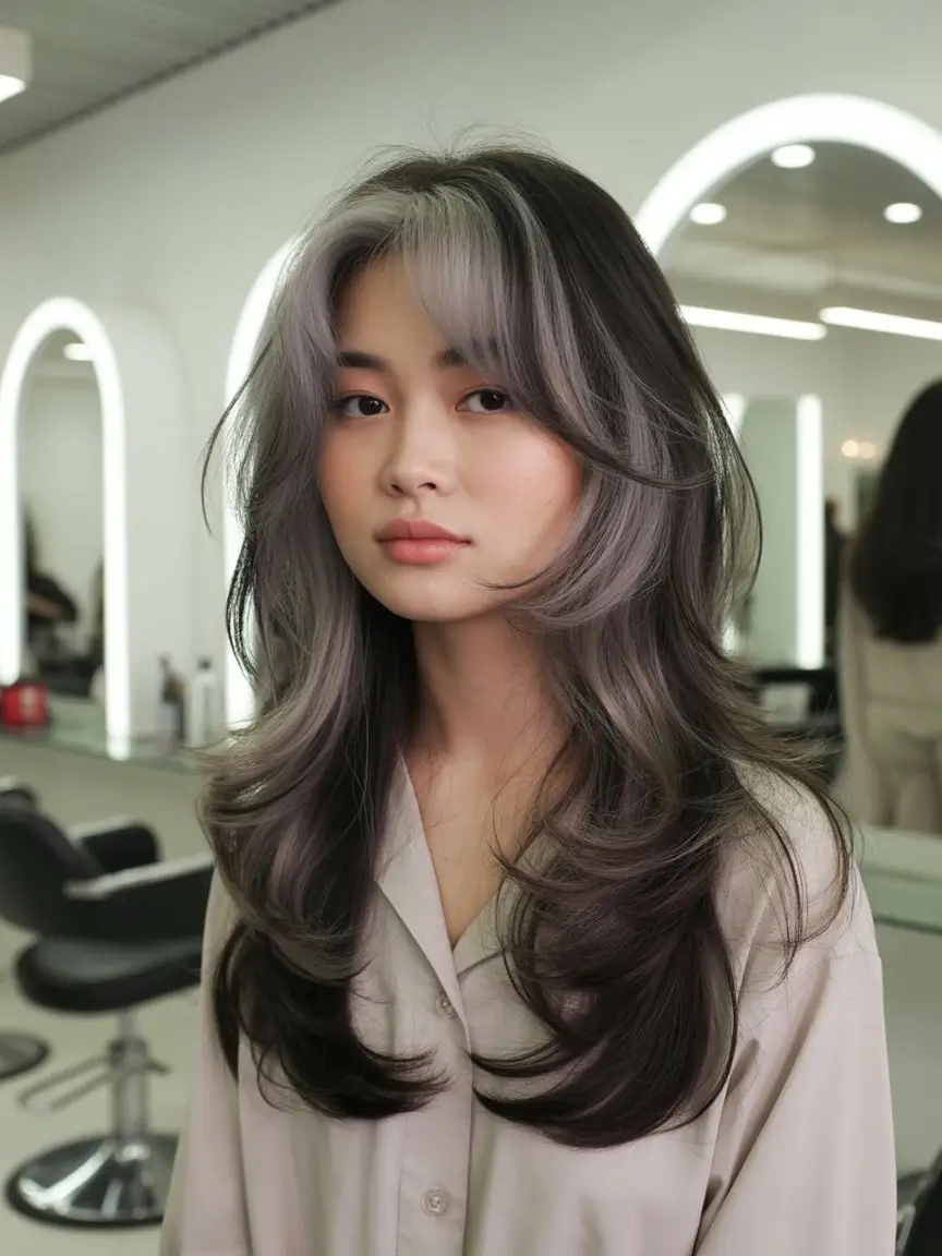 summer hair color for light skin women 2026 Smoky Silver Brunette with Soft Curtain Layers