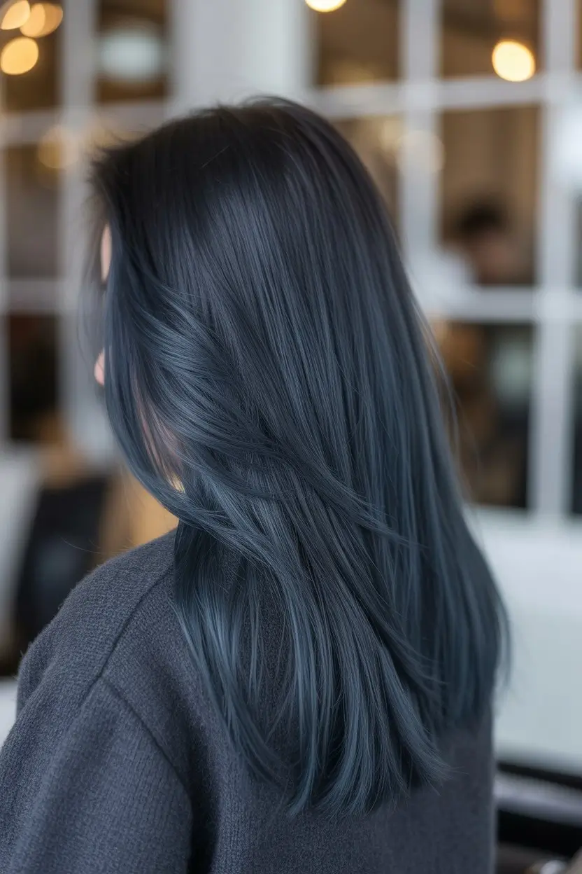 summer hair color ideas for brunette women 2026 Smoky Midnight Gloss with Cool Blue Depth