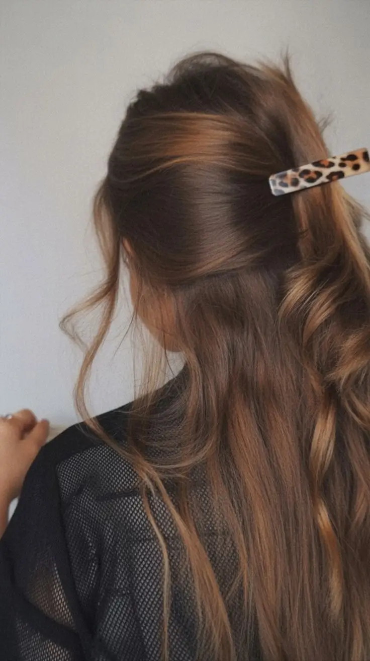 summer hair color ideas for brunette women 2026 Golden Ribbon Highlights with Soft Brunette Base