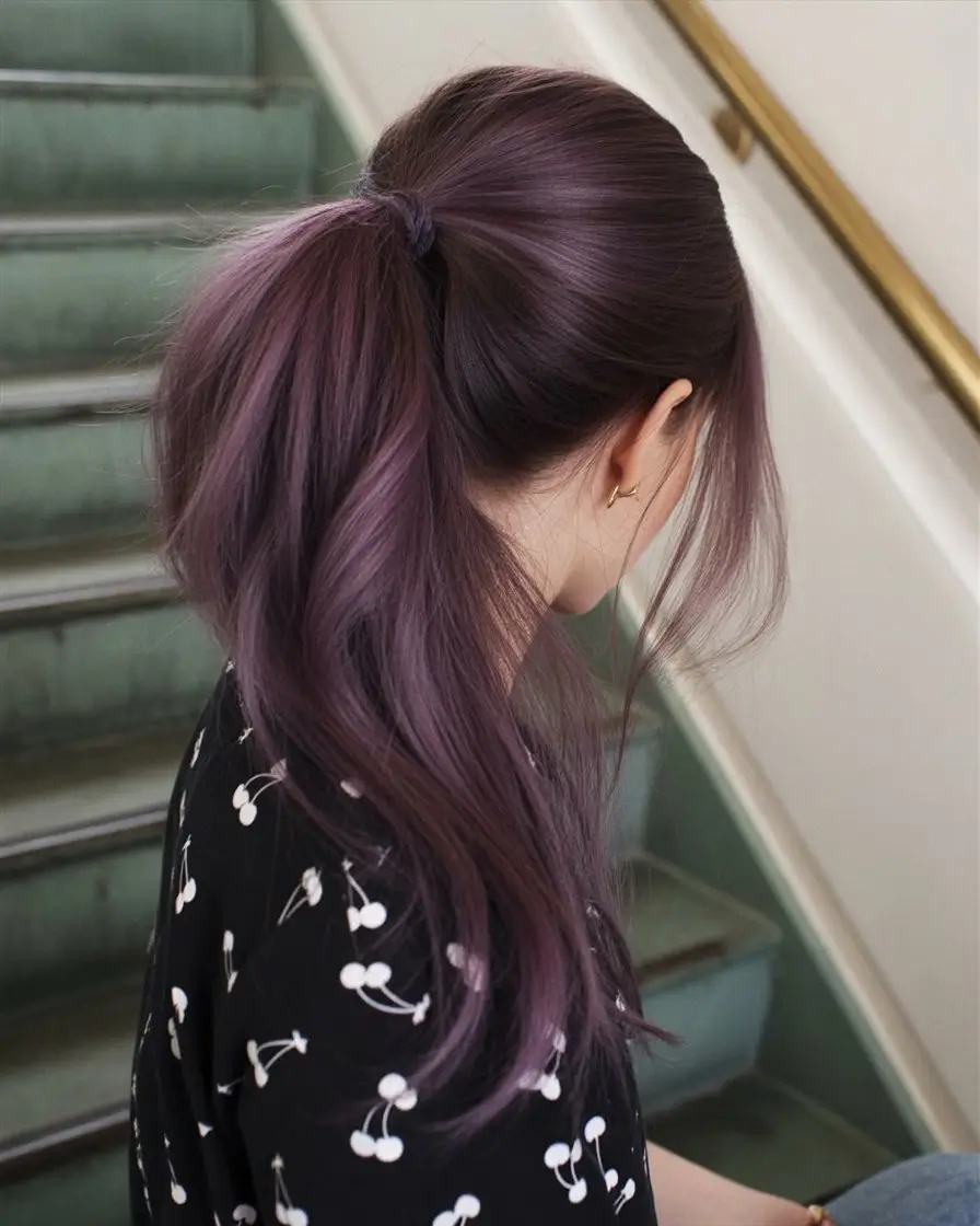 summer hair color ideas for brunette women 2026 Muted Plum Brunette with Soft Lavender Glow