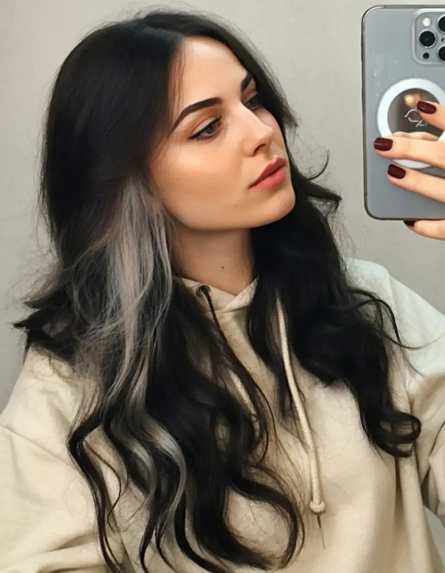 summer hair color ideas for brunette women 2026 High Contrast Money Piece with Cool Silver Accent
