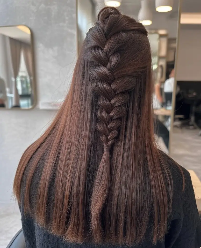 summer hair color ideas for brunette women 2026 Classic Brunette with Braided Texture Detail