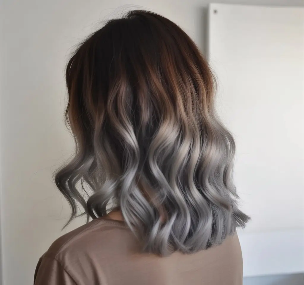 summer hair color ideas for brunette women 2026 Short Wavy Bob with Cool Silver Ombre