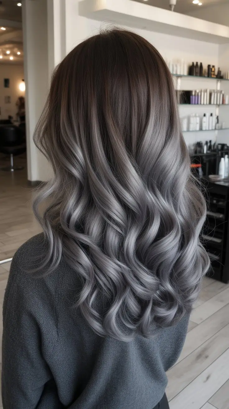 summer hair color ideas for brunette women 2026 Cool Silver Balayage with Long Layered Flow