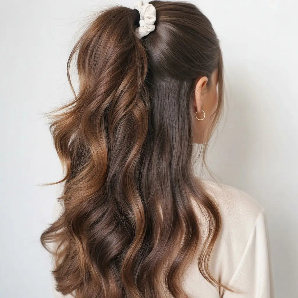 summer hair color ideas for brunette women 2026 Half Up Glow with Golden Balayage Movement