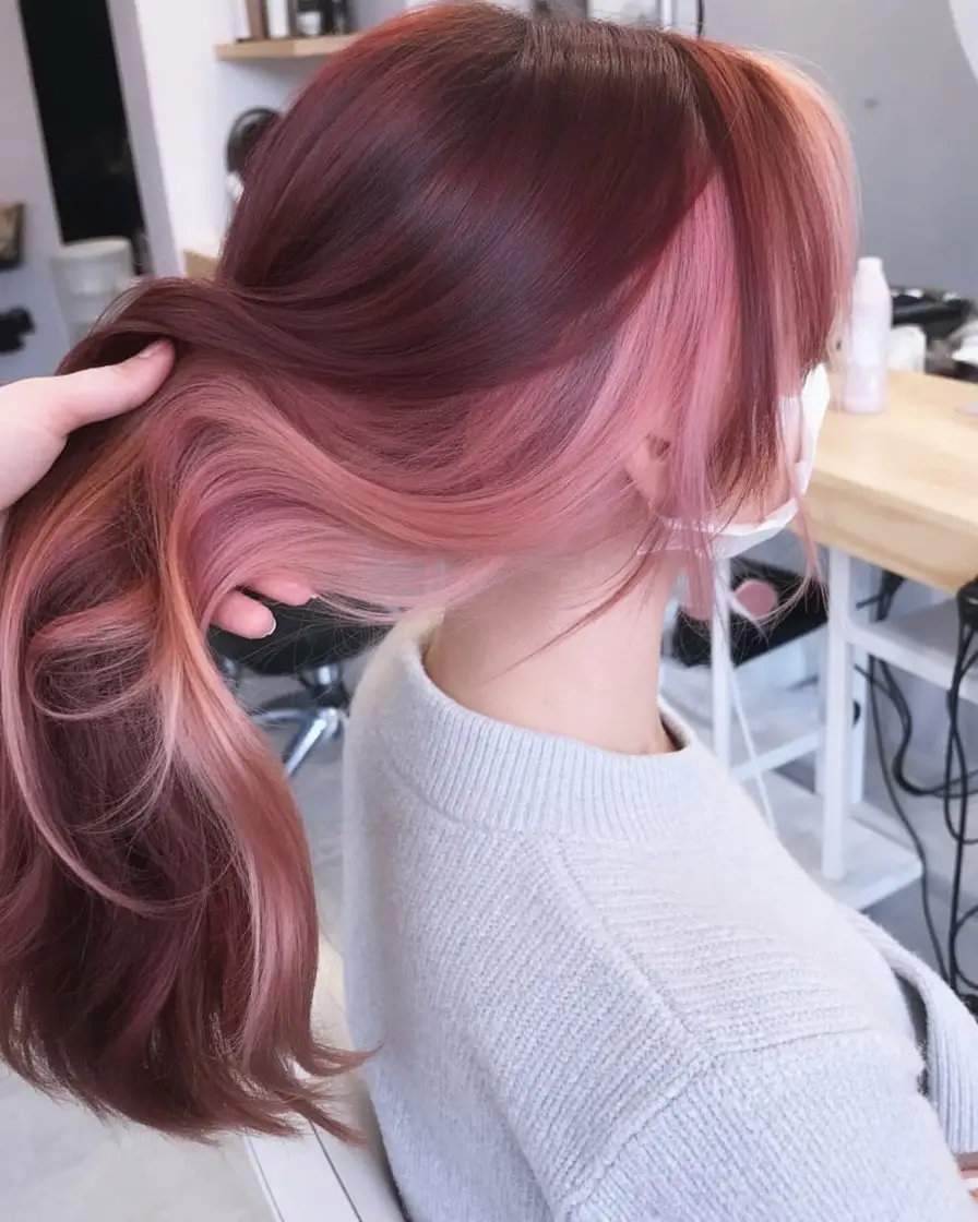 summer hair color ideas for brunette women 2026 Rosy Copper Melt with Playful Warmth