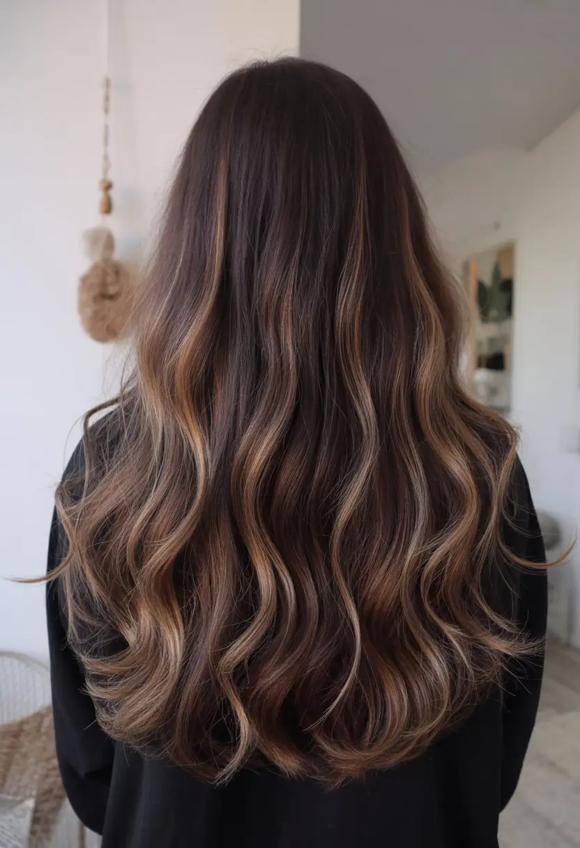 summer hair color ideas for women 2026 Soft caramel ribbons on deep brunette waves