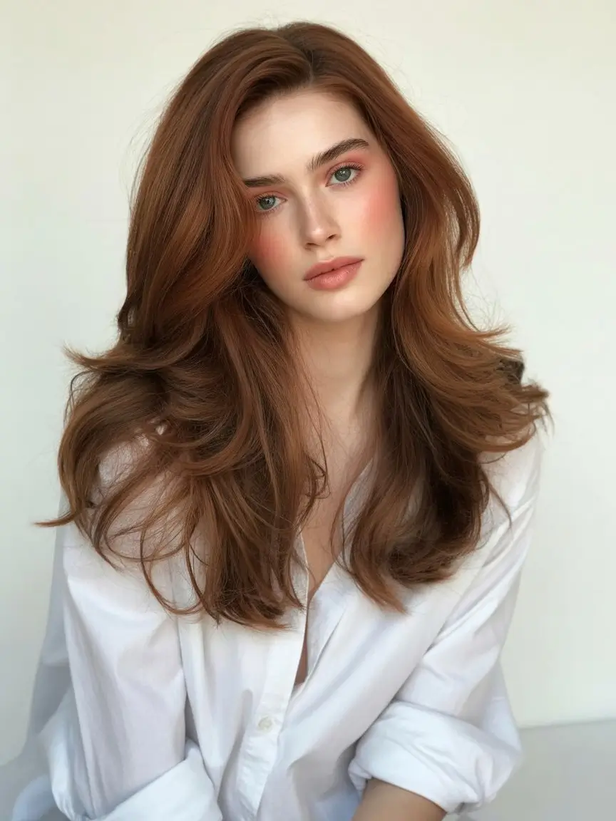summer hair color ideas for women 2026 Soft copper red with natural volume and movement