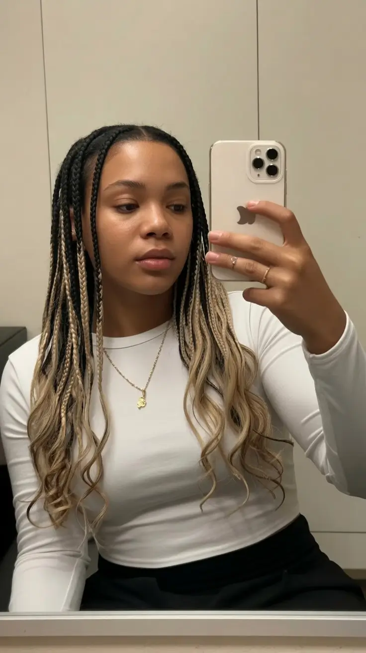 summer hairstyles for black women 2026 Blended braids with soft blonde ends and loose waves