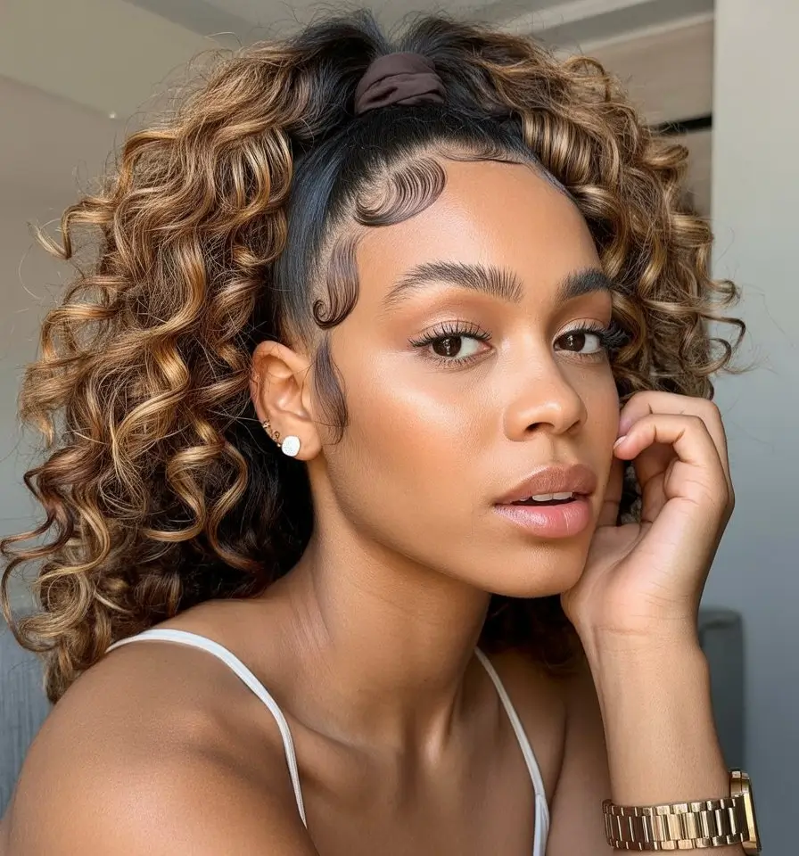 summer hairstyles for black women 2026 High curly ponytail with defined edges and warm dimension