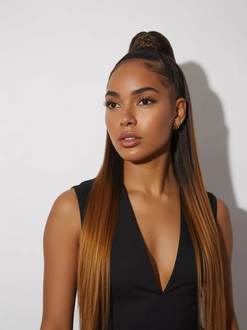 summer hairstyles for black women 2026 Sleek long ponytail with braided detail and glossy finish