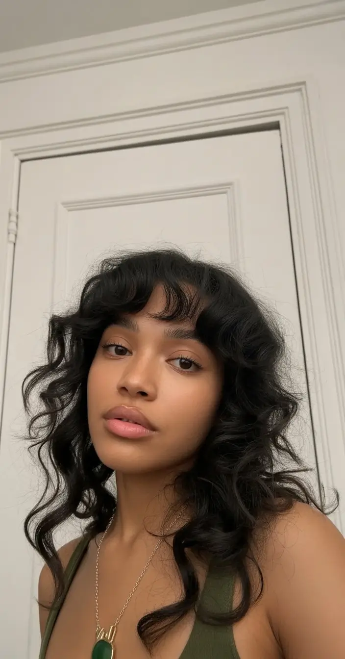 summer hairstyles for black women 2026 Soft layered waves with airy bangs and movement