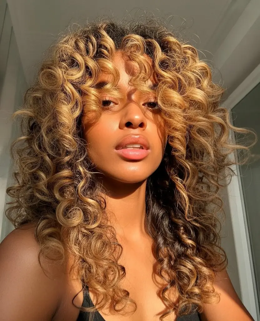 summer hairstyles for black women 2026 Voluminous golden curls with sunlit dimension