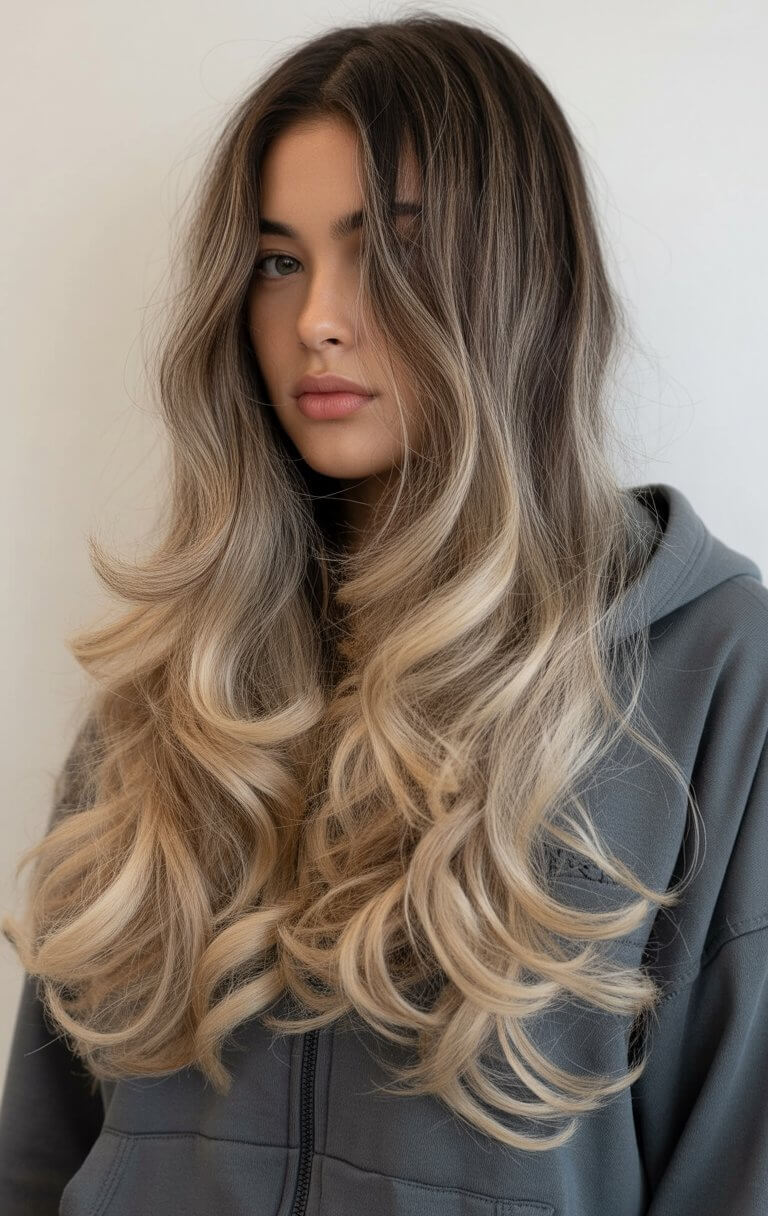 summer money piece hair color for women 2026 soft beige ribbons on long layered brunettes