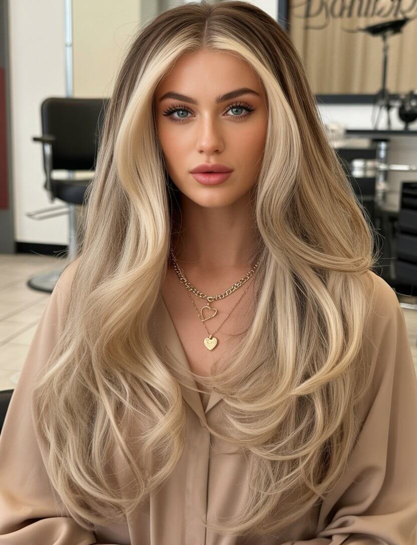 summer money piece hair color for women 2026 high contrast blonde money piece on voluminous layers