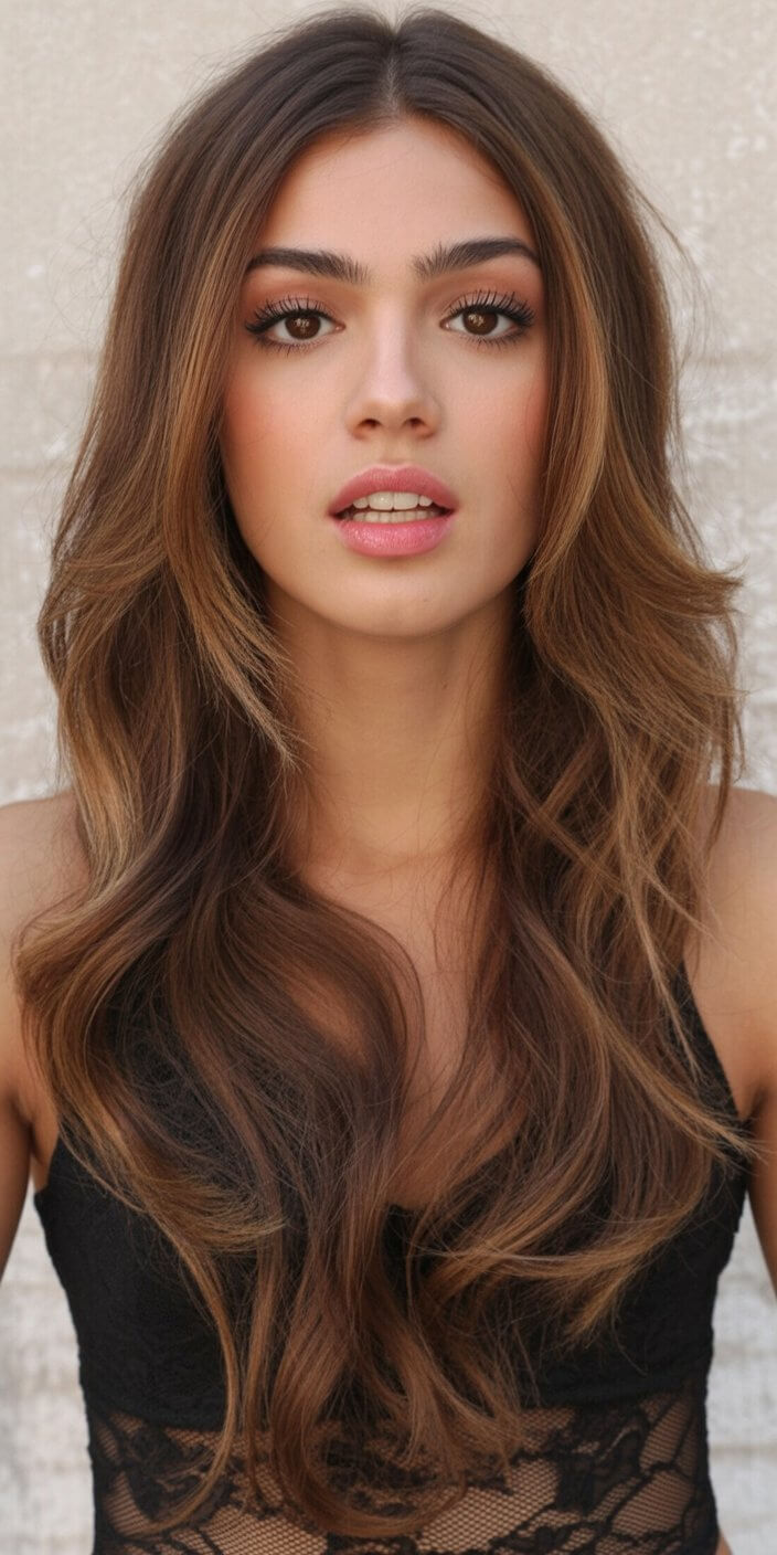 summer money piece hair color for women 2026 rich chocolate waves with warm dimensional money piece