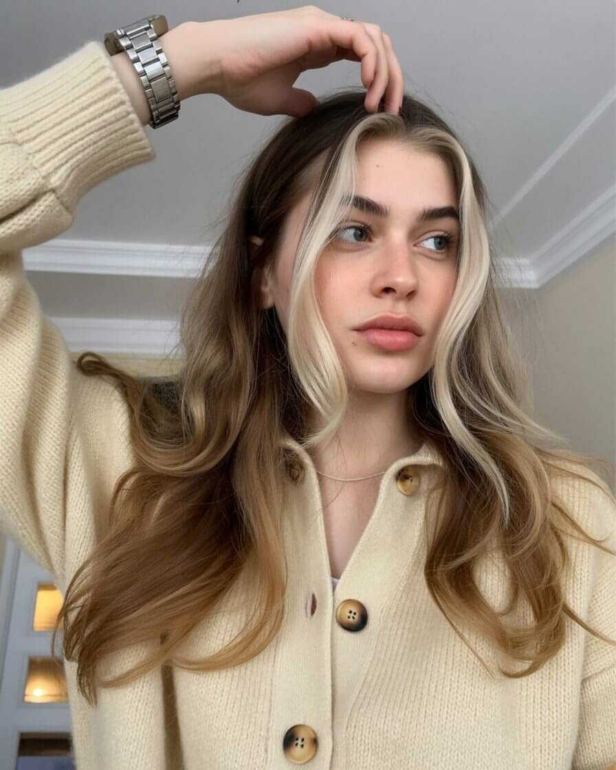 summer money piece hair color for women 2026 soft blonde money piece with cozy brunette contrast