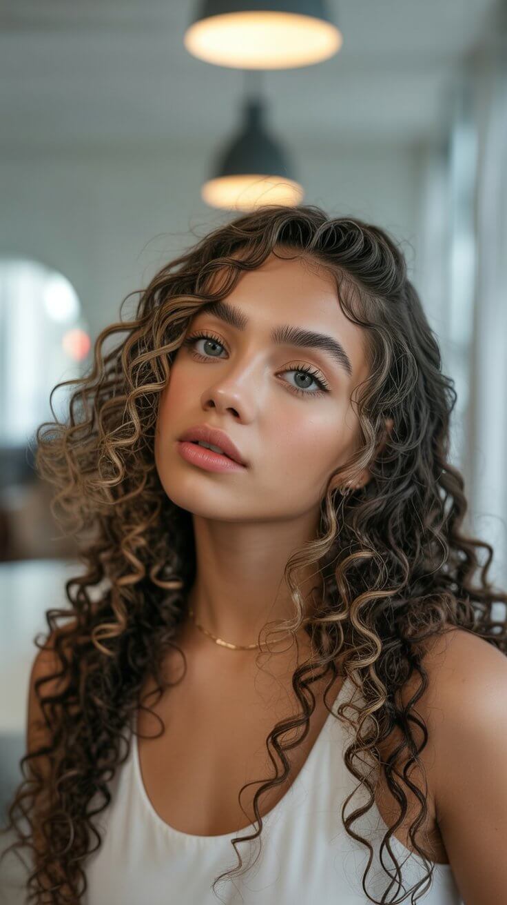 summer money piece hair color for women 2026 defined curls with golden money piece highlights