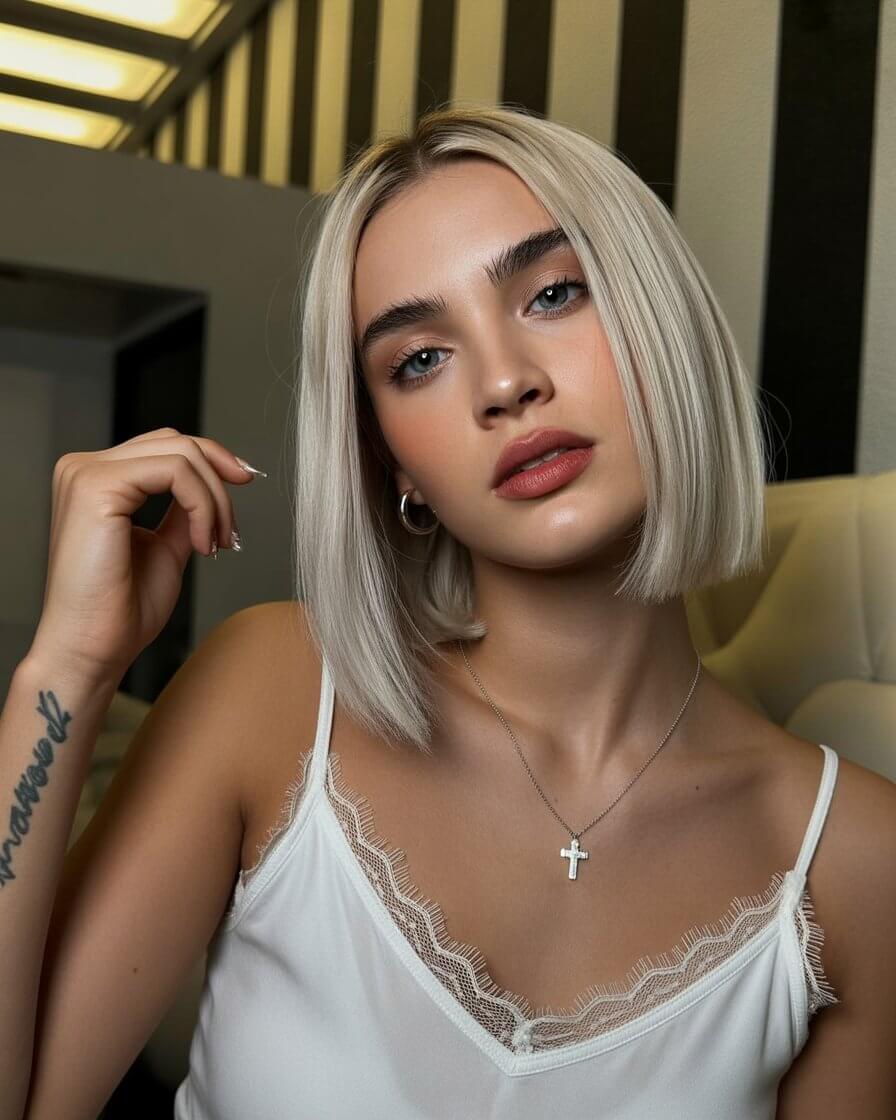 summer money piece hair color for women 2026 cool platinum money piece with sharp blunt bob