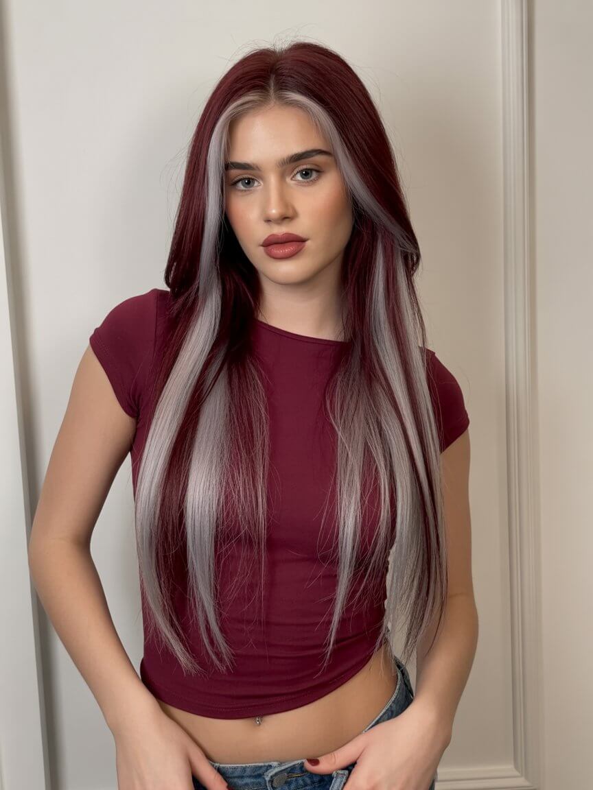 summer money piece hair color for women 2026 bold cherry red with icy money piece contrast