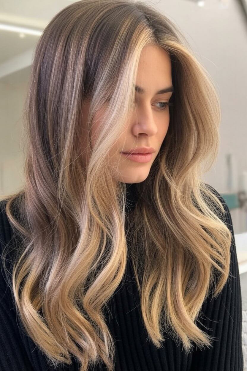 summer money piece hair color for women 2026 golden face frame on dimensional brunette waves