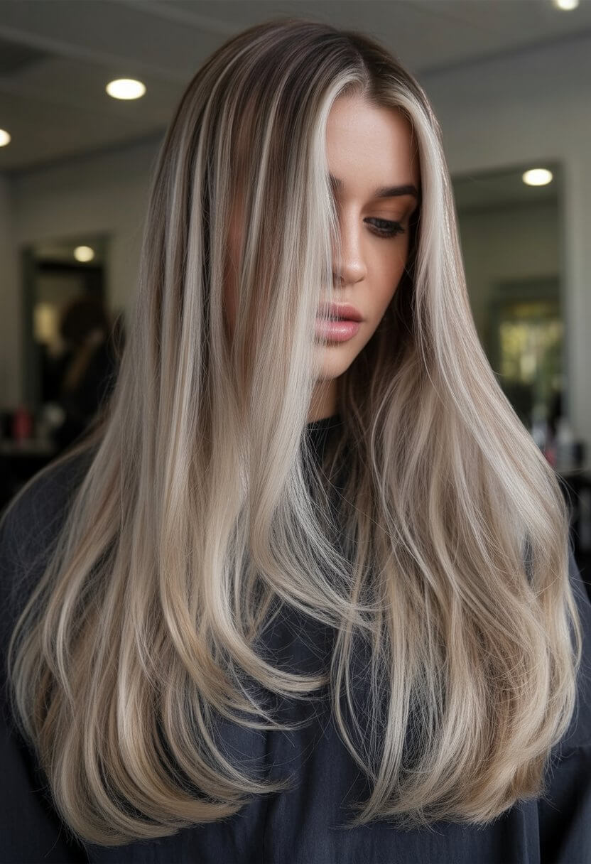 summer money piece hair color for women 2026 silky ash blonde money piece with flowing length