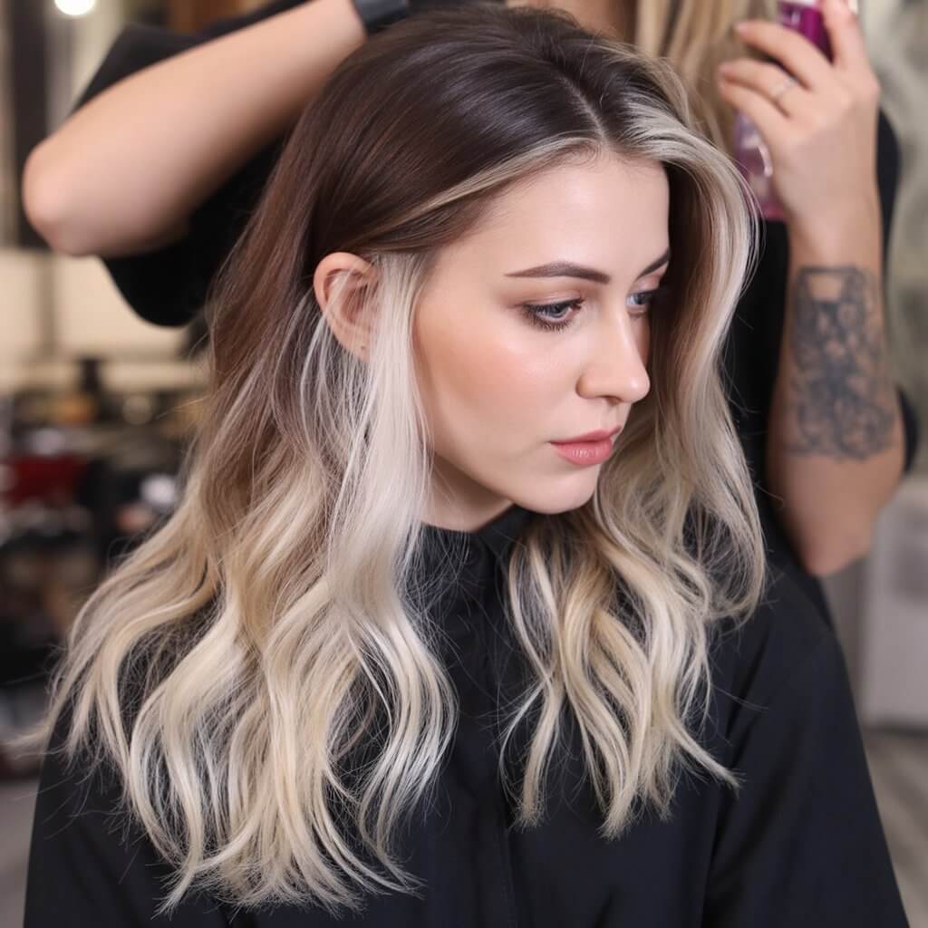 summer money piece hair color for women 2026 high contrast icy money piece on soft waves