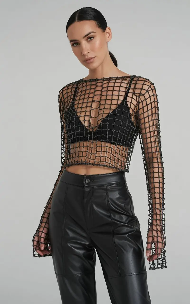summer night going out outfits 2026 Statement mesh top and leather pants confidence
