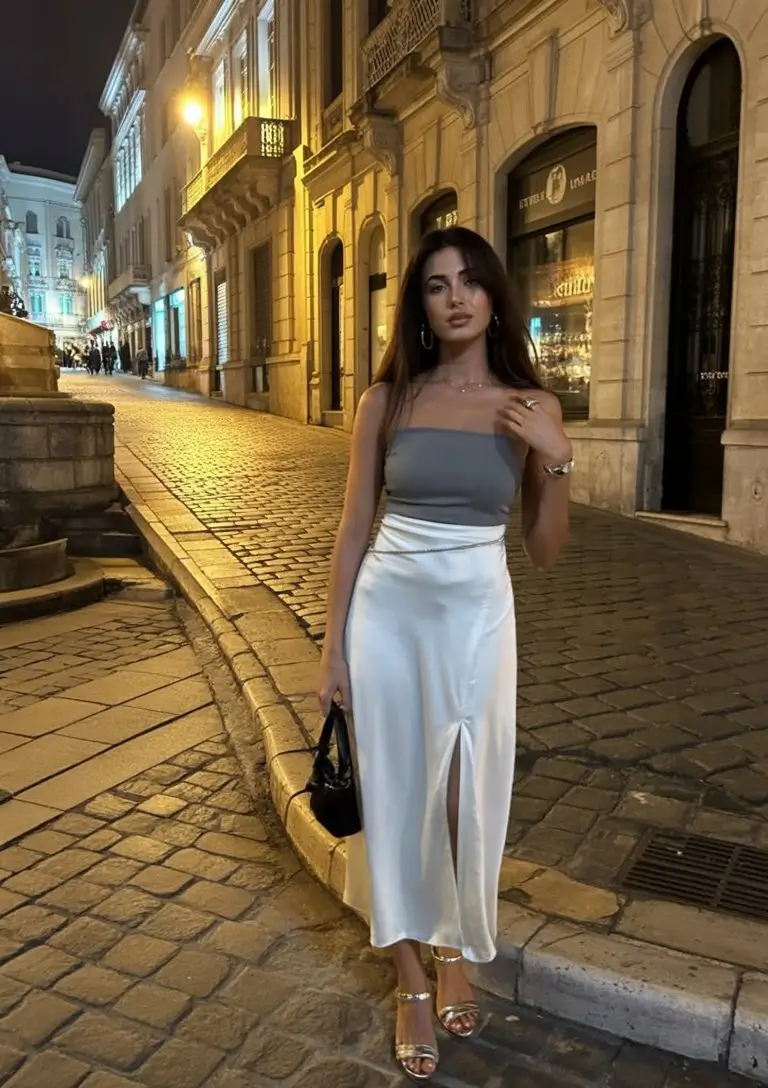 summer night going out outfits 2026 Satin skirt and strapless top evening elegance