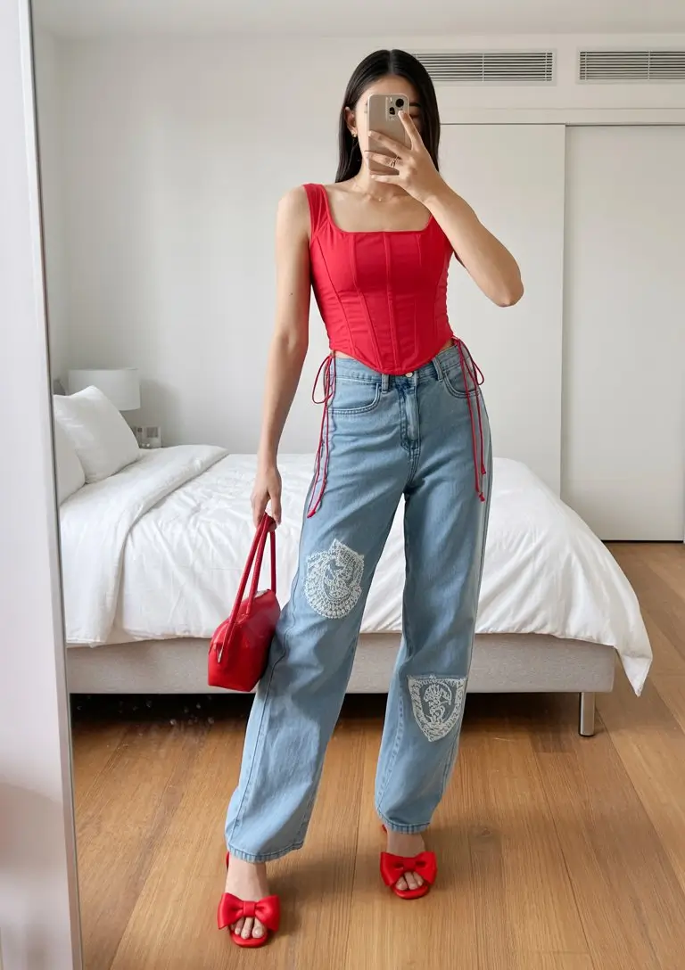 summer night going out outfits 2026 Red corset top and relaxed denim bold contrast
