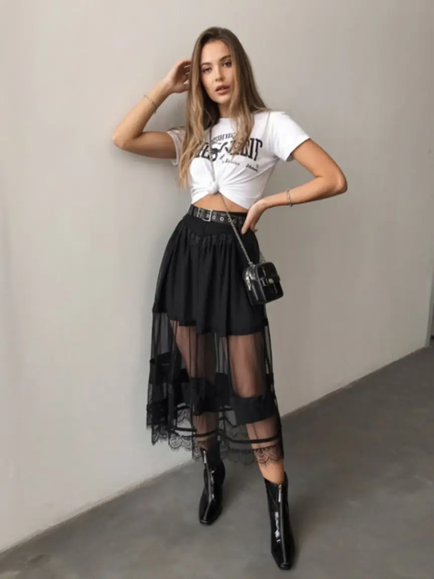 summer night going out outfits 2026 Graphic tee and sheer skirt layered edge