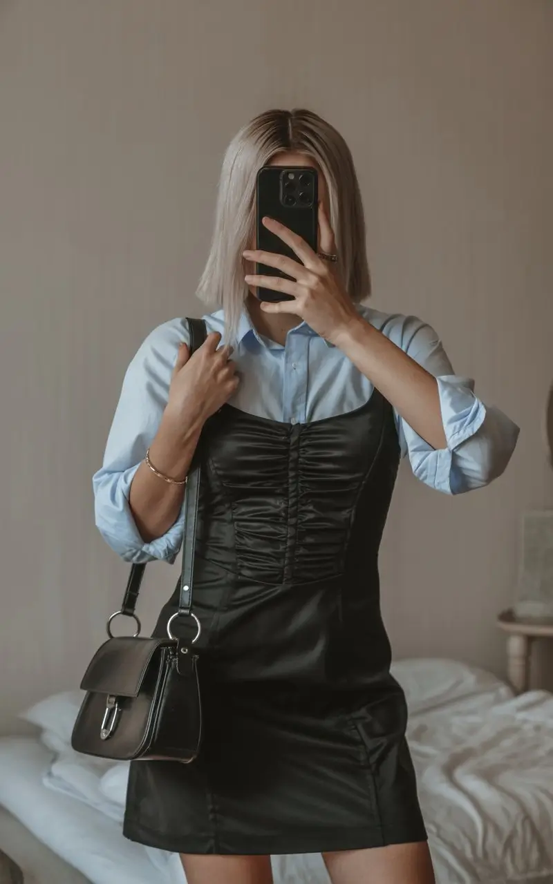 summer night going out outfits 2026 Layered shirt and leather mini modern mix