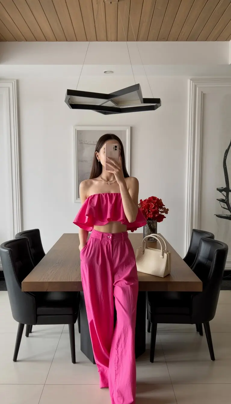 summer night going out outfits 2026 Pink set with wide leg pants playful statement
