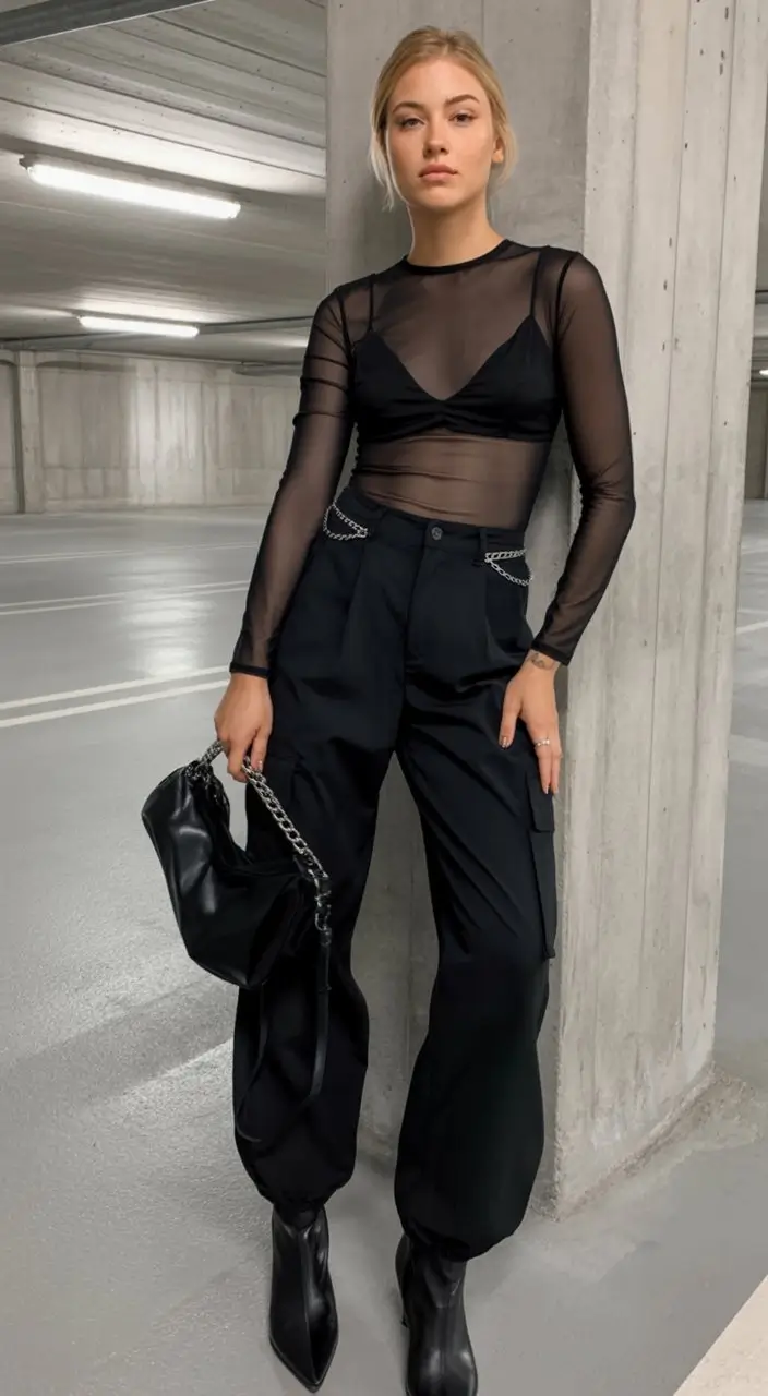 summer night going out outfits 2026 Sheer black top and cargo pants night attitude