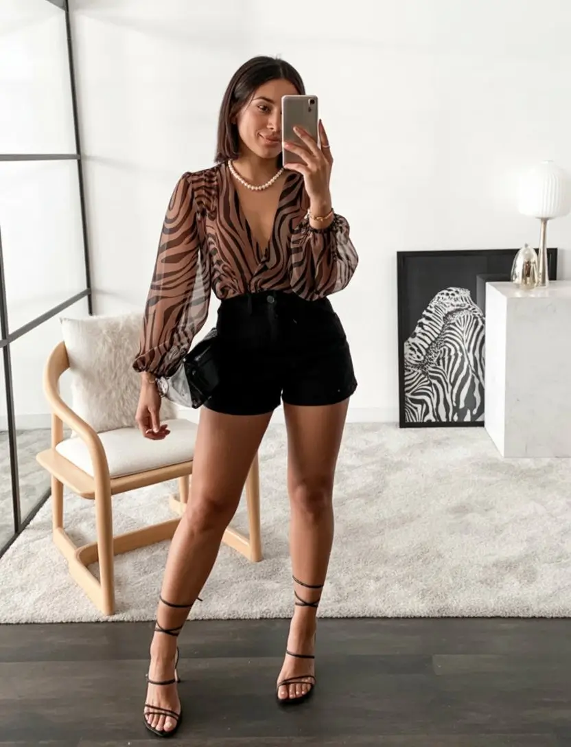 summer night going out outfits 2026 Sheer blouse and tailored shorts night balance