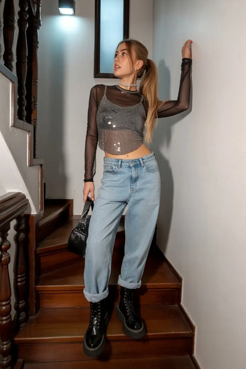 summer night going out outfits 2026 Mesh layers and sparkle top downtown vibe