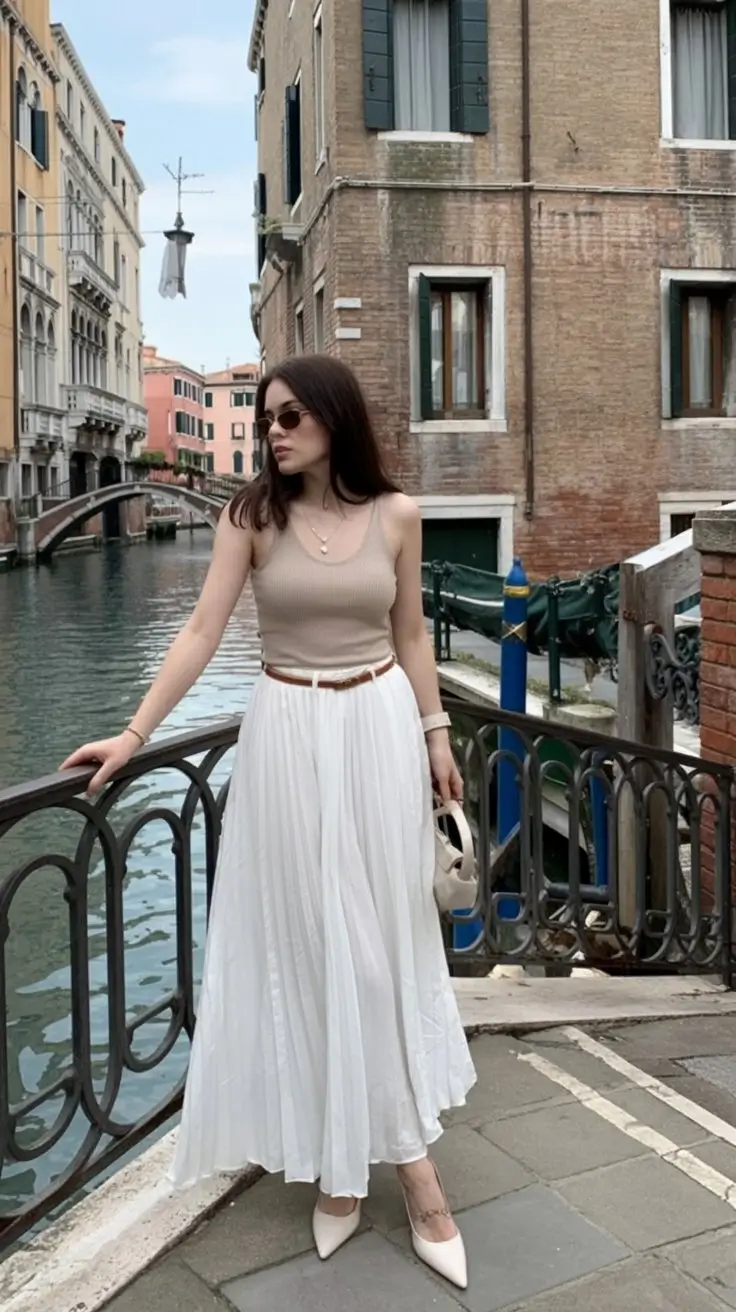 summer old money outfit for women 2026 Romantic pleated skirt styling with soft neutrals