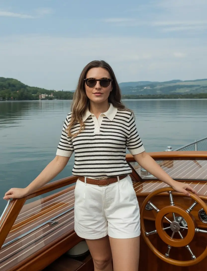 summer old money outfit for women 2026 Classic nautical stripes with tailored shorts