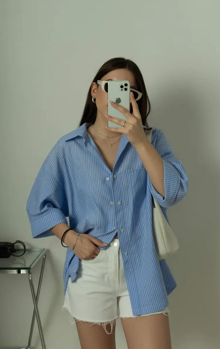 summer outfits for women 2026 Oversized Blue Shirt with Relaxed Summer Basics