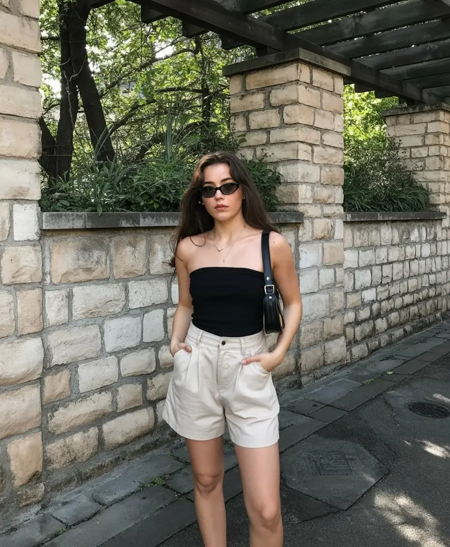 summer outfits for women 2026 Black Tube Top and Tailored Shorts for City Days