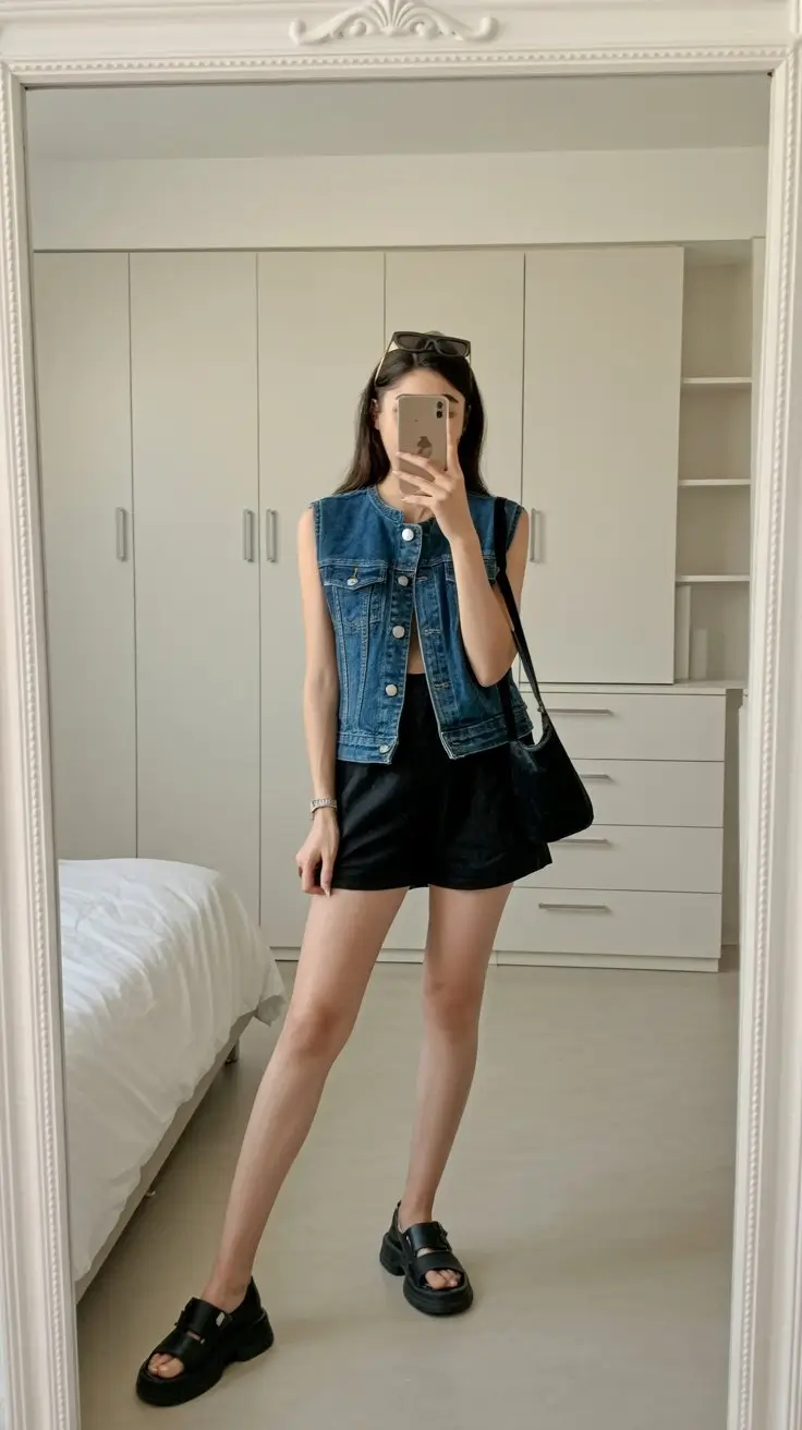 summer outfits for women 2026 Denim Vest and Black Shorts with Minimal Edge