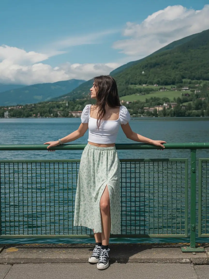 summer outfits for women 2026 Soft Green Skirt and White Top with Romantic Energy