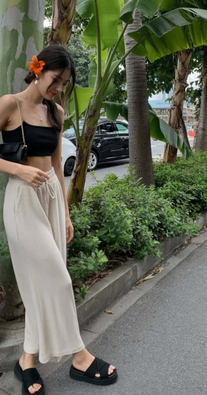 summer pool party outfits for women 2026 Relaxed black top and flowy pants with tropical touch